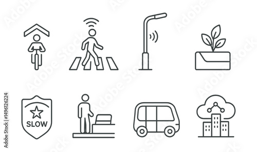 Line style icons of future-ready streets: shared lane symbol, sensor crosswalk icon, dynamic light post, curbside green pocket, slow street badge, curb for people icon, microtransit pod, city