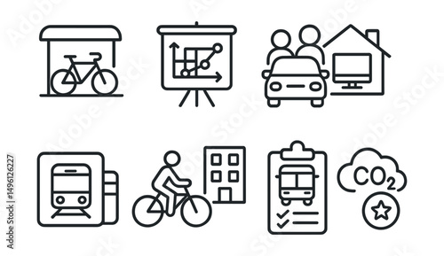Line style icons of workplace mobility: bike parking area, commuter plan chart, carpool sign-up, remote day symbol, transit pass card, bike-to-office symbol, shift transport log, CO2 reward tracker.