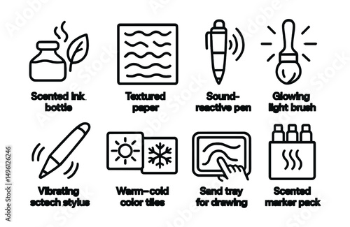 Line style icons of multisensory art tools: scented ink bottle, textured paper square, sound-reactive pen, glowing light brush, vibrating sketch stylus, warm-cold color tiles, sand tray for drawing,