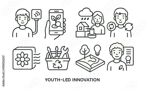 Line style icons of youth-led innovation: community sensor project, plant ID app, rain collection model, zero waste vending idea, green filter for air, recycled tool box, 3D model of park, youth eco