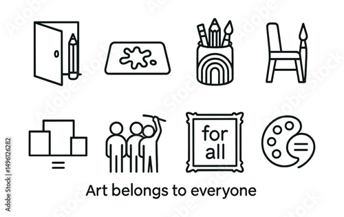 Line style icons of “art belongs to everyone” symbols: open door with pencil, welcome mat + paint splatter, rainbow supply jar, open seat with brush, equal size display icons, everyone signs the wall
