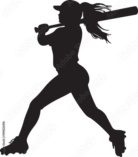 Female Softball Player Softball Girl Silhouette Vector Art on Transparent Background