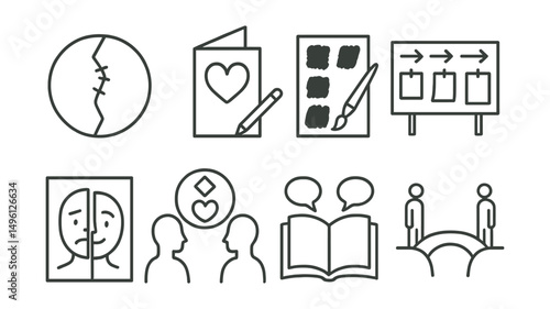 Line style icons of art in restorative practices: repair circle sketch, visual apology card, reflection-through-color page, timeline of conflict board, draw how you felt then and now, reconnect