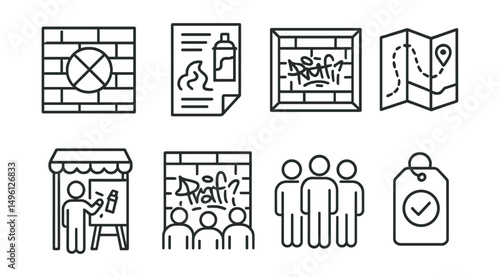 Line style icons of festival and legal graffiti: legal wall zone, mural event flyer, public wall frame, street art tour map, live-painting booth, community graffiti board, art jam group, permission