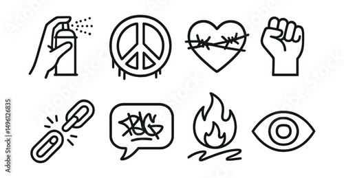 Line style icons of street art expressions: protest symbol with spray, peace sign graffiti, heart with barbed wire, rising fist outline, broken chain icon, voice bubble tag, flame and color stroke,