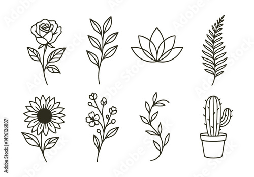 Line style icons of floral and botanical tattoos: blooming rose, leafy stem, lotus outline, fern frond, sunflower with linework, cherry blossom spray, vine wrap element, cactus with pot.
