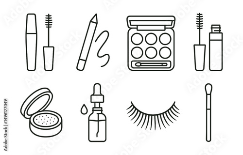 Line style icons of eye makeup products: mascara tube, eyeliner pencil, eyeshadow palette, eyebrow gel brush, single shimmer pot, liquid eyeshadow dropper, lash strip, crease blending brush.