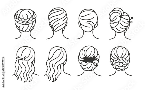 Line style icons of updos and formal styles: braided crown, French twist, sleek chignon, twisted bun with pins, loose waves with pin, half-up twist, wedding updo icon, braided bun.