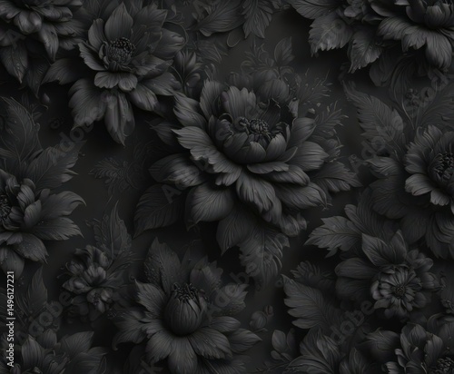 Intricate black charcoal floral wallpaper, elegant design , sophisticated, subtle, vintage