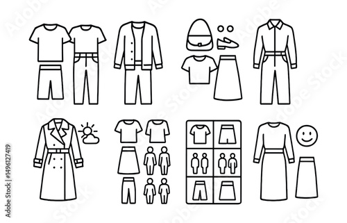 Line style icons of outfit coordination: top + bottom match, layer combo guide, accessories + base layout, “build the look” sketch, outfit for weather plan, event-based styling chart, balance shape