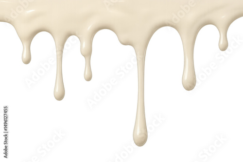 Creamy white liquid cascading, forming glossy viscous droplets against transparent backdrop, perfect for culinary visual design