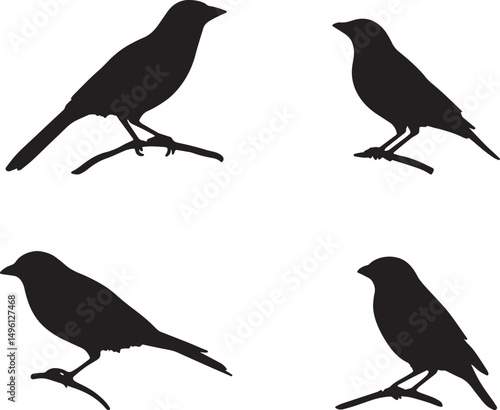 This artwork is digitally enhanced using AI and manually edited for quality. A set of four bird silhouettes perched on tree branches.
