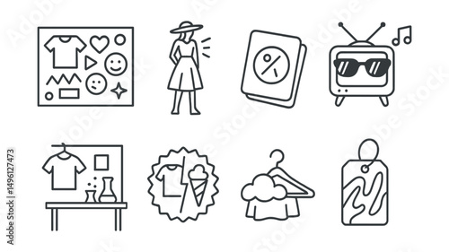 Line style icons of creative styling sessions: playful mix board, theme look sketch, “break the rules” card, retro mashup icon, style experiment space, unexpected combo badge, mood-first outfit icon,