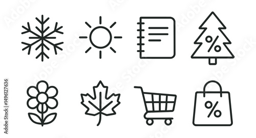 Line style icons of seasonal sales: winter sale snowflake, summer sale sun, back-to-school notebook, holiday discount tree, spring sale flower, fall markdown leaf, black Friday cart, end-of-season