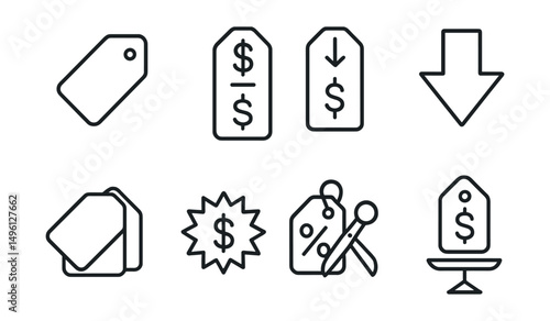 Line style icons of visual sale cues: red label shape, price comparison icon, up-down arrows on price, markdown arrow badge, sale sticker stack, discount burst symbol, tag + scissors cut, visual