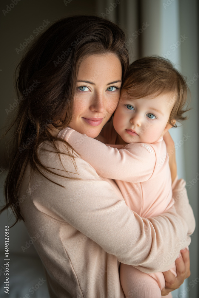 Young mother holding her baby girl, sharing a joyful smile, radiating love and warmth in a cozy home setting, celebrating their bond Young mother holding her baby girl, sharing a joyful smile, radiating love and warmth in a cozy home setting, celebrating their bond