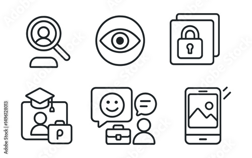 Line style icons of digital reputation: search yourself icon, what others see badge, story archive lock, old post review icon, comment reflection tool, school-safe profile tag, future employer symbol