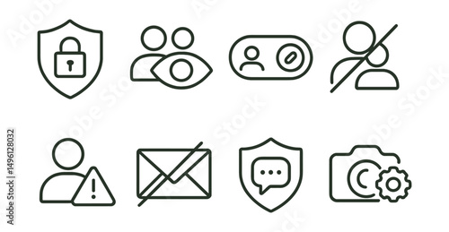 Line style icons of social media boundaries: account privacy badge, who sees your story icon, tag approval toggle, block stranger icon, friend request caution, DMs off symbol, limit who can comment