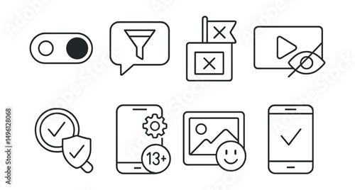 Line style icons of content filtering tools: explicit filter toggle, comment filter icon, flag inappropriate post, hide harmful video, search with safety tag, app setting + age badge, positive