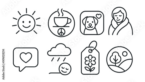 Line style icons of simple joys: morning sun + smiley, tea and peace badge, pet joy tracker, cozy moment icon, quiet time bubble, rain + relax icon, calm joy memory tag, nature moment symbol.