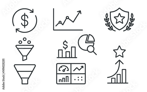 Line style icons of startup metrics: monthly recurring revenue icon, burn rate graph, user retention badge, churn analysis, conversion rate funnel, CAC vs LTV bar, KPI dashboard, North Star metric.