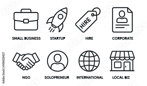 Line style icons of client types: small business briefcase, startup project icon, agency hire tag, corporate client sheet, NGO partner symbol, solopreneur badge, international client globe, local biz