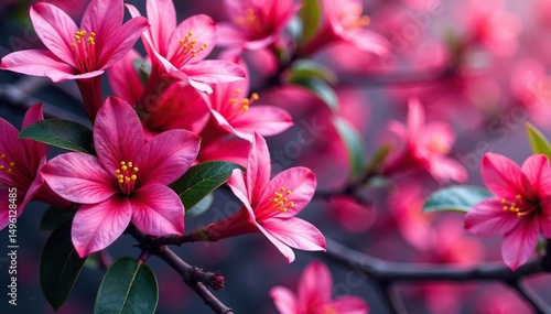 Bold fuchsia blossoms and leaves repeat print, bright, wallpaper, design