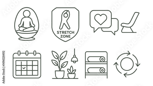 Line style icons of wellness at coworking: meditation pod icon, stretch zone badge, mental health chat card, nap chair symbol, wellness break calendar, plants and light corner, yoga mat shelf,