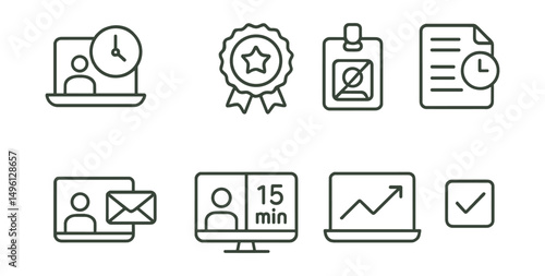 Line style icons of time-saving video call habits: set meeting time icon, finish early badge, “no small talk” tag, time-boxed agenda symbol, async first option, 15-min meeting screen, outcome-driven