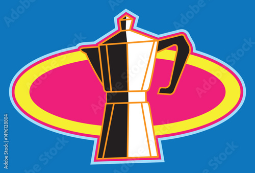 Italian coffee maker brewing fresh espresso on colorful background