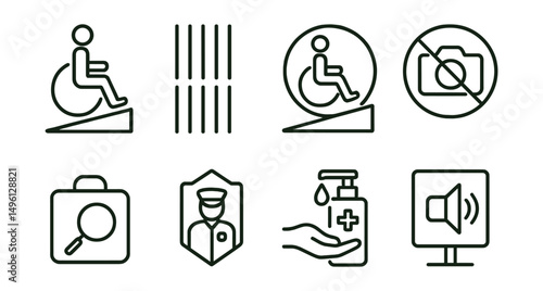 Line style icons of safety and accessibility at exhibitions: wheelchair path icon, tactile floor lines, ramp badge, “no flash” sign, bag check symbol, security patrol tag, hygiene station icon, quiet