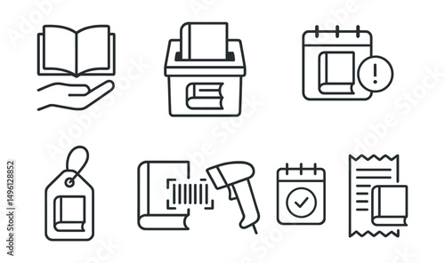 Line style icons of borrowing and returns: borrow book icon, return drop box, overdue alert badge, book renewal calendar, hold request tag, barcode scanner icon, due date reminder, checkout receipt.