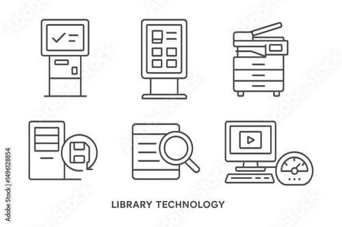 Line style icons of library technology: self-checkout screen, digital catalog kiosk, scanner + copier icon, multimedia lab, digital preservation system, research database icon, e-learning station,