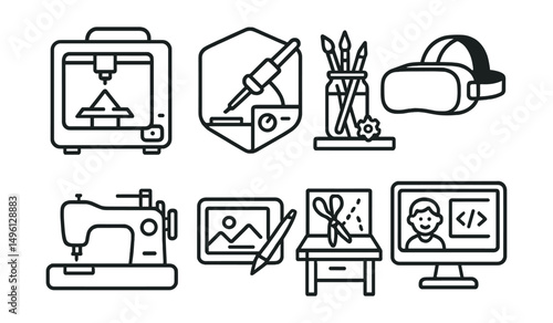 Line style icons of makerspaces in libraries: 3D printer icon, soldering bench badge, creative tools shelf, VR headset station, sewing machine tag, digital art tablet, crafting corner table, coding