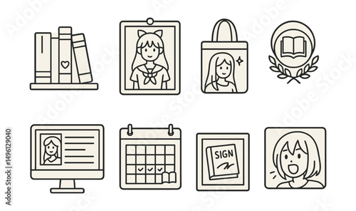 Line style icons of manga fandom culture: “my favorite manga” shelf, cosplay character board, manga-themed tote bag, fan translation badge, online manga tracker, reading marathon calendar, signed