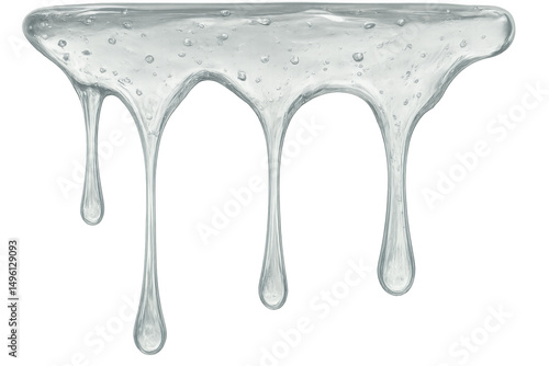 Thick clear slime dripping down with bubbles on transparent background, suitable for cosmetics and personal care products