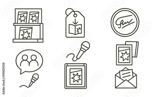 Line style icons of publishing and fandom: comic shop display icon, digital download tag, signed issue badge, release day poster, fan meetup bubble, collector’s sleeve icon, panel discussion mic, fan