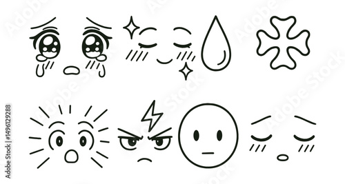 Line style icons of anime expressions: big teary eyes, blush + sparkles, sweat drop icon, anger vein badge, shock lines face, spark of determination, blank face bubble, sleepy eyes.