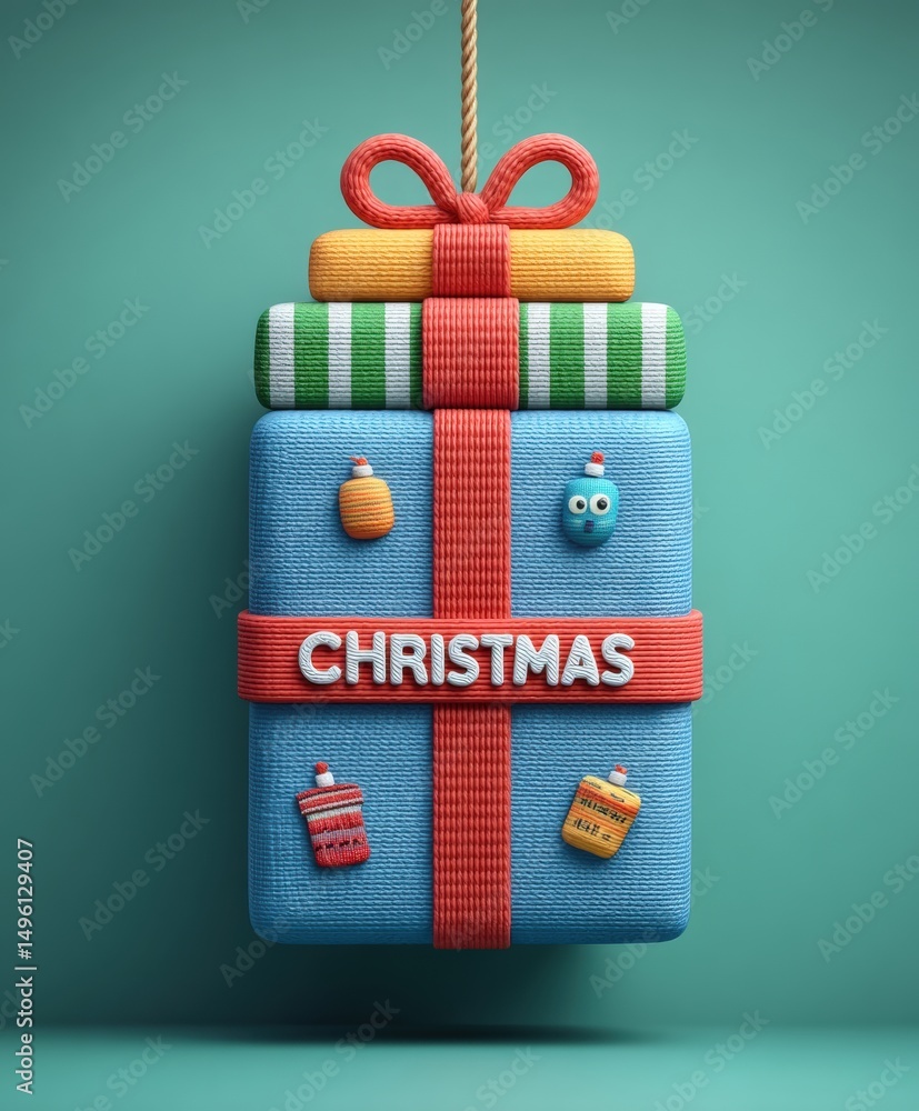 Obraz premium Close-up of a blue gift box with a red ribbon against a vibrant green background, perfect for festive themes.