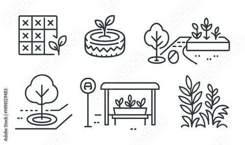 Line style icons of greening unused urban spaces: before–after patch board, painted tire planter, asphalt to garden icon, sidewalk tree ring revitalized, bus stop planter tray, no-car zone greenspace