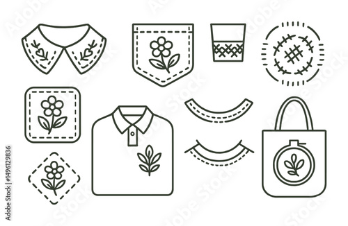 Line style icons of embroidery for garments: stitched collar motif, jean pocket flower icon, cuff pattern edge, visible mend embroidery, patch with design, shirt logo embroidery, stitched neckline
