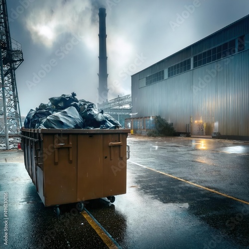 Industrial area waste management with dumpster and factory under overcast sky during rainy weather conditions. Generative AI