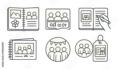 Line style icons of collaborative scrapbooking: shared journal project, group photo cutout, pass and write page, “our story” layout, group travel album icon, community event sticker, memory circle