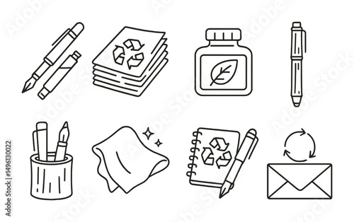 Line style icons of eco-friendly calligraphy: refillable pen system, upcycled paper stack, non-toxic ink bottle, sustainable material pen, bamboo pen holder, cloth cleaning rag, low-waste writing