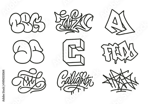 Line style icons of graffiti lettering styles: bubble letters tag, wildstyle script icon, blocky shadow font, sharp angular letter, rounded throw-up outline, calligraffiti hybrid, dripping font edge,