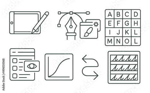 Line style icons of digital calligraphy tools: tablet and stylus icon, vector pen tool symbol, brush setting screen, digital alphabet grid, layering panel, pressure sensitivity graph, undo/redo keys,