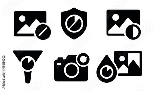 Solid style icons of photo and image contrast: photo edit icon with contrast, contrast retouch badge, visual sharpness icon, contrast-enhanced image icon, filter contrast, camera setting with