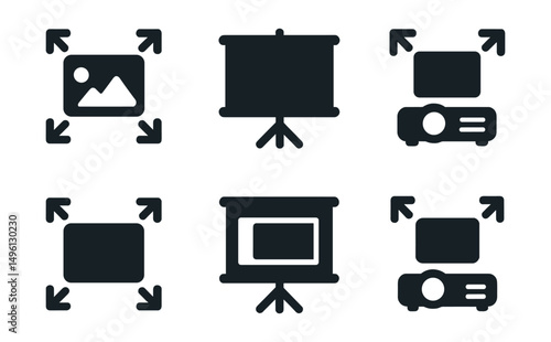 Solid style icons of presentation and slideshow fullscreen: slideshow fullscreen icon, presentation screen expand, projector mode, deck fullscreen toggle, fullscreen with slide icon, present mode