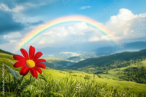 Rainbow over Mountains with Red Flower