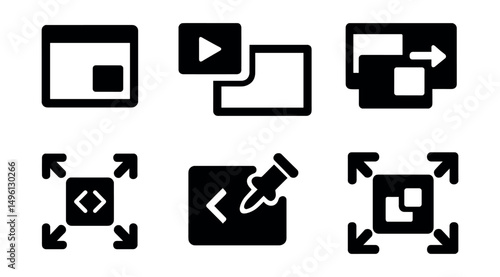 Solid style icons of floating vs fullscreen mode: windowed mode icon, floating player, side-by-side vs full icon, picture-in-picture exit, detach from fullscreen, embed toggle icon, pin vs fullscreen